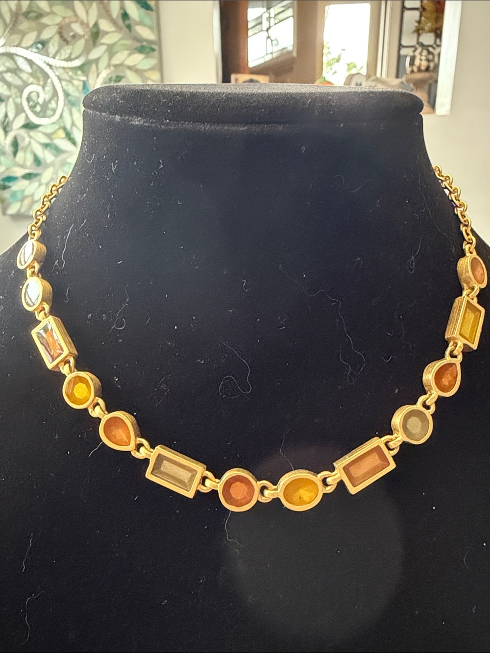 Brushed Gold-Tone Multicolor Gemstone Link Necklace - Women Jewelry